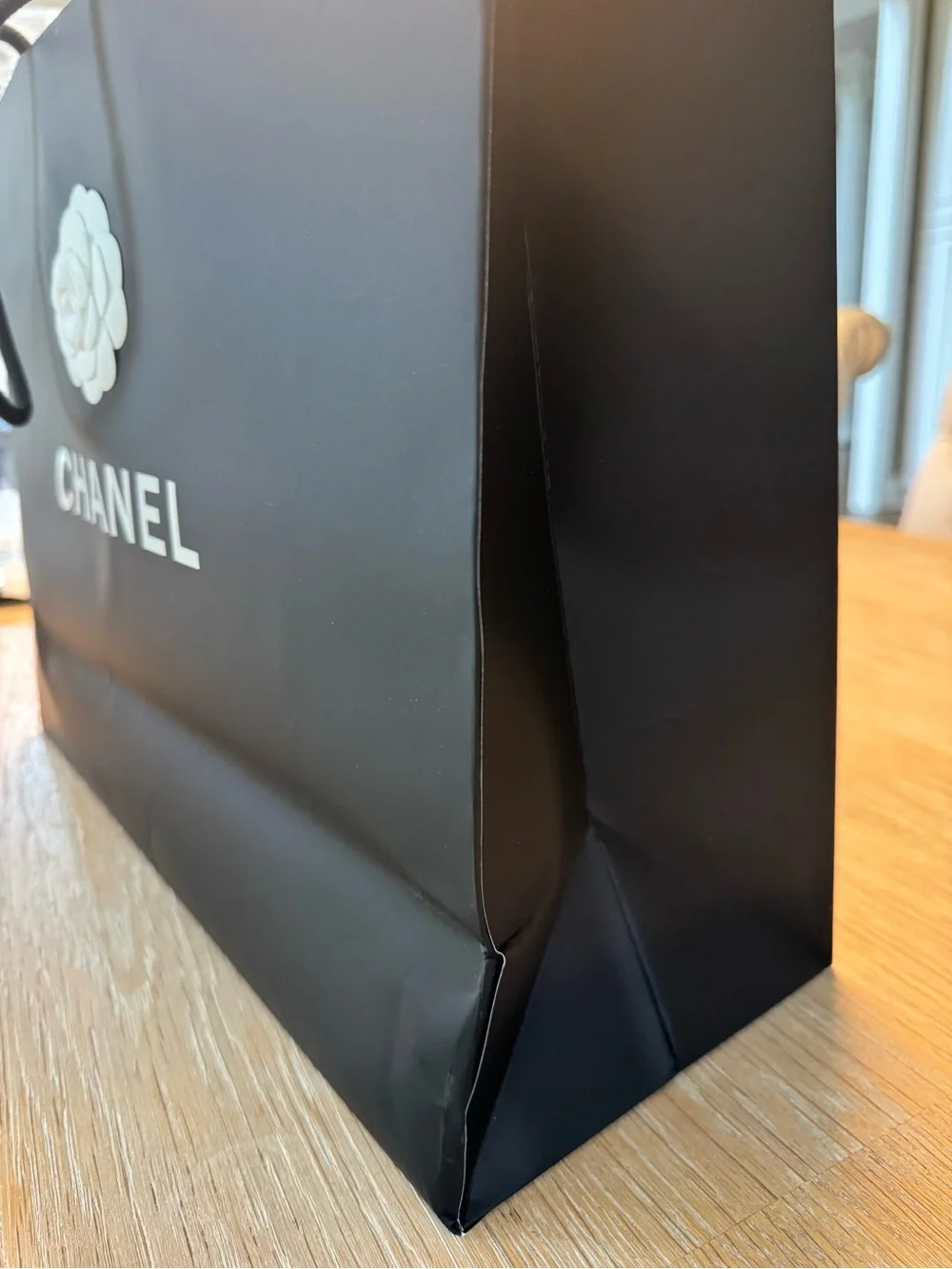 CHANEL Black Shopping Bag with White Camellia Logo